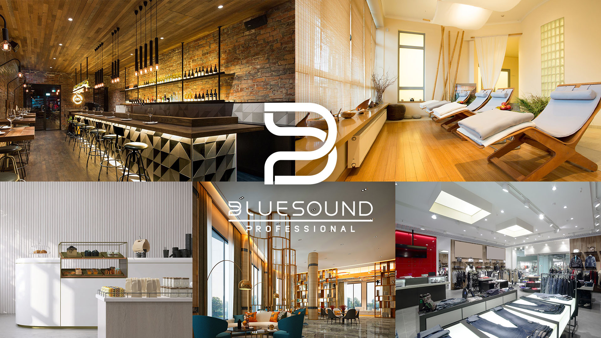 Collage images of Bluesound professional equipments installed in various business setting