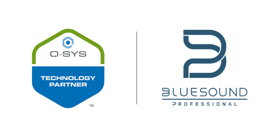 Q-SYS and Bluesound professional partnership badges